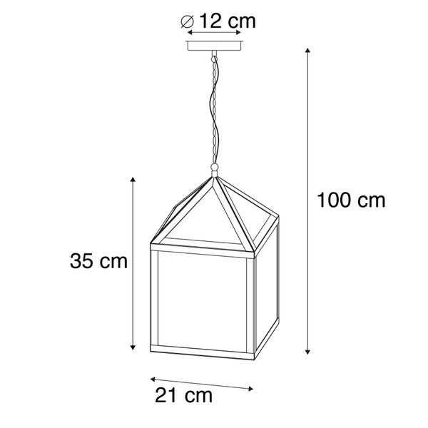 Maßzeichnung einer Hängeleuchte in Laternenform: Gesamthöhe 100 Zentimeter, Schirmhöhe 35 Zentimeter, Breite 21 Zentimeter, Baldachindurchmesser 12 Zentimeter.