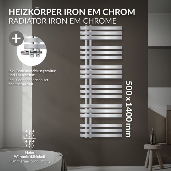 Eisen EM Chrom Heizkörper 500x1400 Millimeter mit Zubehör für Bodenanschluss und Thermostat