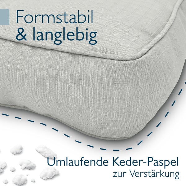 Detailansicht eines formstabilen und langlebigen Polsters mit umlaufender Keder-Paspel zur Verstärkung.