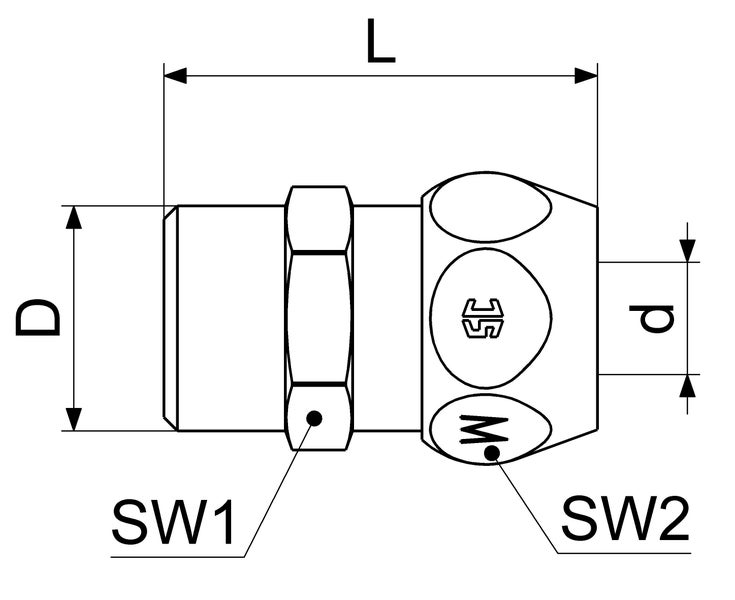 Technische Zeichnung eines Rohrverbinders mit Maßangaben für Länge, Durchmesser und Schlüsselweiten.