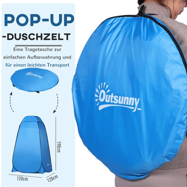 Pop-up-Duschzelt von Outsunny mit Tragetasche für einfachen Transport. Outsunny Logo. Maße: 120 mal 120 mal 190 Zentimeter.