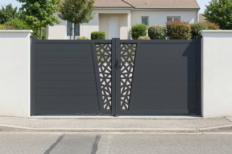 Modernes, zweiflügeliges Einfahrtstor aus Aluminium in Anthrazit mit horizontalen Paneelen und geometrischen Lochblechen in einer hellen Gartenanlage.