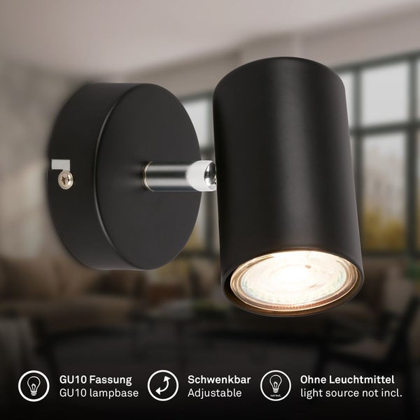 Schwenkbare schwarze Wandleuchte mit GU10-Fassung, ohne Leuchtmittel.