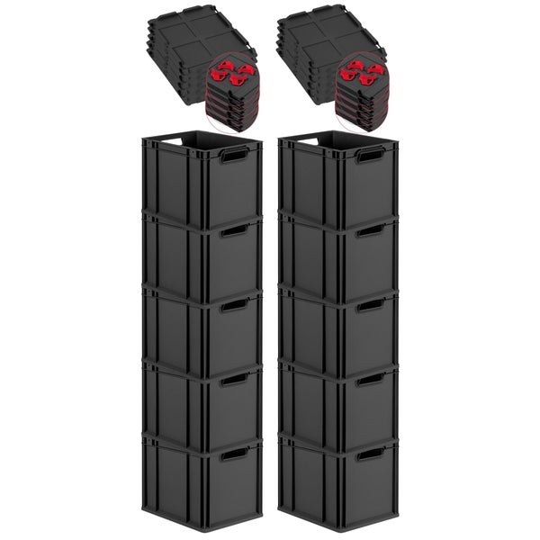 PROREGAL SparSet 10x Eurobox NextGen Grip mit Auflagedeckel inkl. 4 roten Schiebeschnappverschlüssen, HxBxT 32x30x40cm, 30 Liter, Schwarz, Griffe offen, Eurobehälter, Transportbox, Transportbehälter, Stapelbehälter
