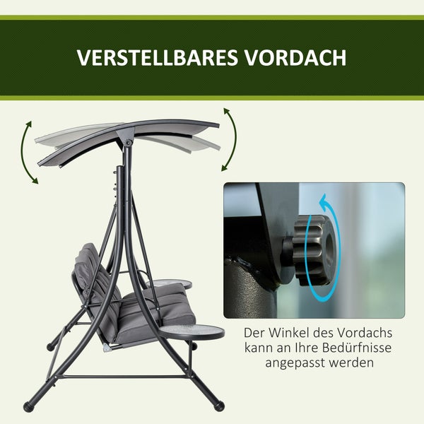 Outsunny Hollywoodschaukel, 3-Sitzer Gartenschaukel, mit verstellbarem Sonnendach, 271 x 125 x 177 cm, Stahl, Polyester, Grau+Schwarz
