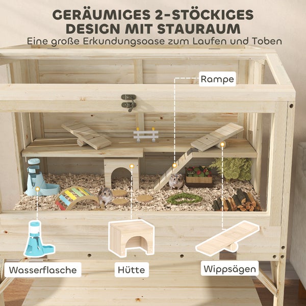 Geräumiger zweistöckiger Hamsterkäfig aus Holz inklusive Wasserflasche, Hütte, Rampe und Wippsägen in einer organisierten Umgebung.