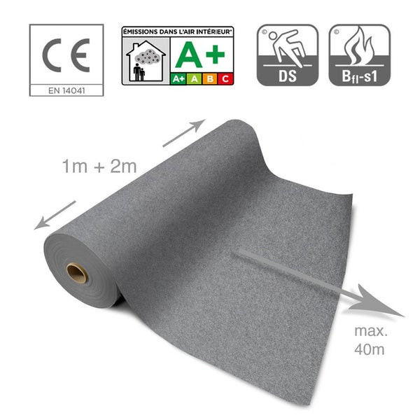 Graue Bodenbelagsrolle mit CE-Kennzeichnung, A Plus-Emissionslabel, Brandschutzklasse Bfl-s1 und DS-Rutschfestigkeit.