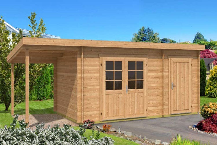 Alpholz Gartenhaus Maria mit Anbau & Schleppdach aus Massiv-Holz, Gerätehaus mit 28 mm Wandstärke, Garten Holzhaus inklusive Montagematerial, Geräteschuppen Größe: 450 x 400 cm| Pultdach
