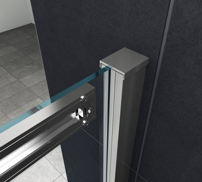 Detailansicht einer Duschkabine mit Schiebetür und Beschlägen aus Metall