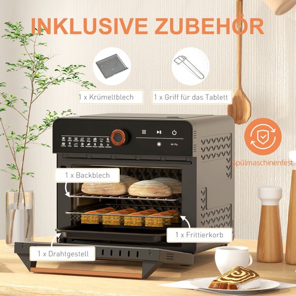 HOMCOM Minibackofen mit Umluft, 20L, 3 in 1 mit Grillrost, 40 °C-220 °C, mit Frittierkorb, Timer, Innenbeleuchtung, 1400W, 36L x 37B x 34,5H cm, Edelstahl, Schwarz