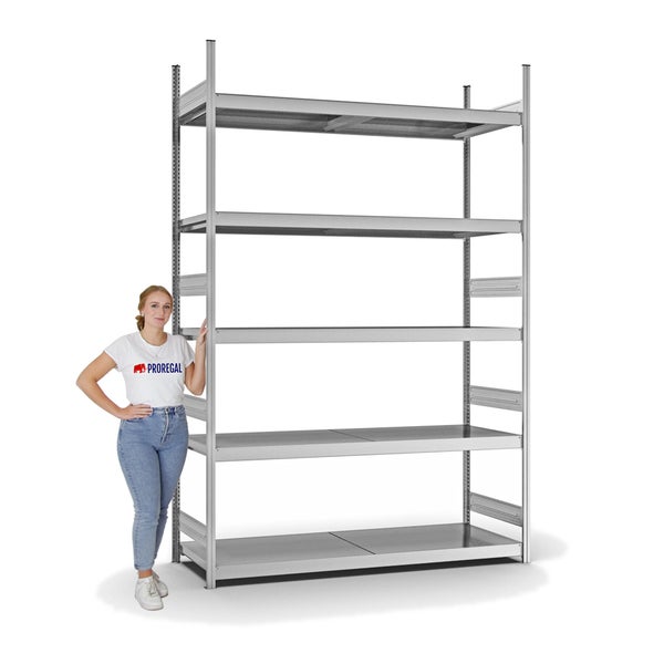 PROREGAL Weitspannregal Stecksystem T-Profil Grundregal HxBxT 300x200x60 cm 5 Ebenen Stahlplatten Fachboden Fachlast 350 kg Verzinkt