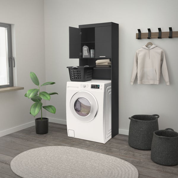 ECD Germany Waschmaschinenschrank mit 2 Türen und 2 offenen Fächern, 187,5 x 63 cm, Dunkelgrau, Badezimmerschrank für Waschmaschine/Trockner, Hochschrank Badschrank Badregal Waschmaschinenüberbau