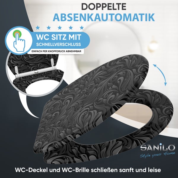 Sanilo Toilettensitz mit Barock-Muster, doppelter Absenkautomatik und Schnellverschluss zur einfachen Abnahme.