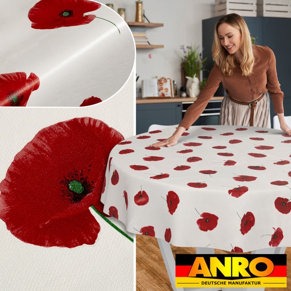 Runde, abwischbare Tischdecke mit Mohnblumenmuster auf einem Tisch, Detailansichten der Materialstruktur und des Designs, ANRO Logo.