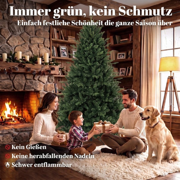 Künstlicher Weihnachtsbaum mit stabilem Metallständer auf einem Teppichboden.