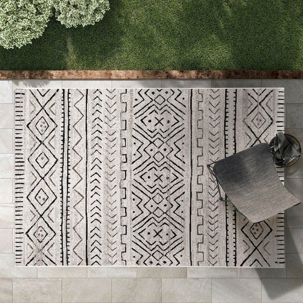 FLOORDIREKT Outdoorteppich - Wetterbeständiger Außenteppich - Aztec - Grau - 80 x 150 cm
