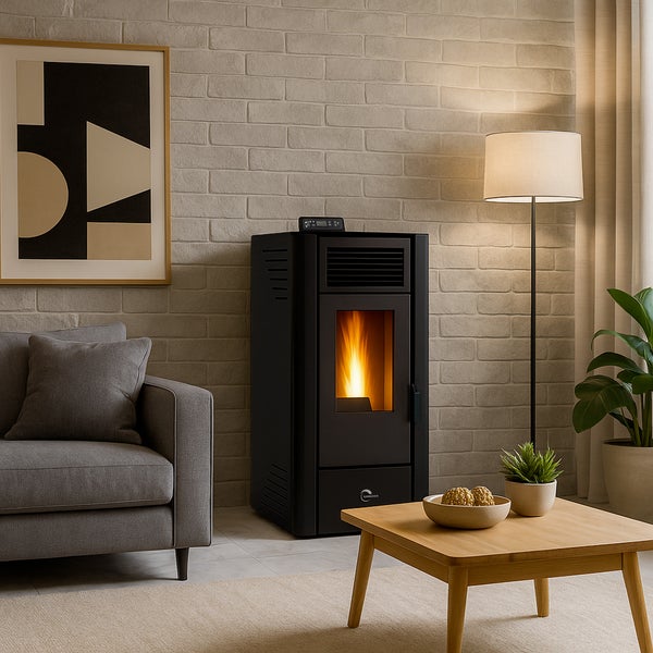 Wohnzimmer mit Pelletofen, Couch, Tisch, Lampe und Dekoration