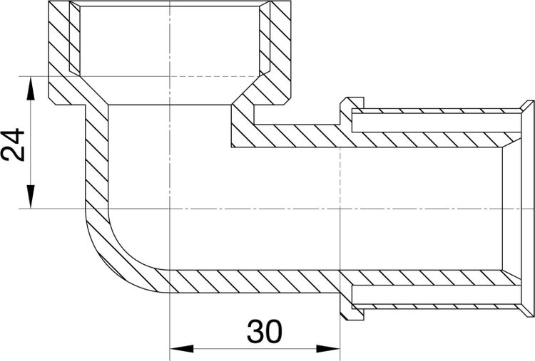 Technische Zeichnung eines 90 Grad Rohrbogens mit den Maßangaben 24 und 30