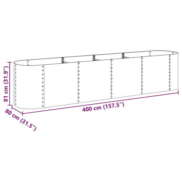 Ovales Hochbeet aus verzinktem Stahl, Maße 400 Zentimeter Länge, 80 Zentimeter Breite, 81 Zentimeter Höhe.