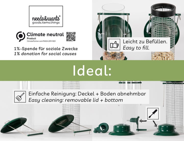 needs&wants® 2er Set: Vogelfutterspender zum Aufhängen Metall Edelstahl Kunststoff, Vogelfutterstation klein Futterstation Vögel Wildvögel