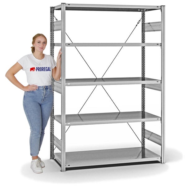 PROREGAL Fachbodenregal Stecksystem T-Profil Heavy-Duty Grundregal HxBxT 200 x 130 x 60 cm 5 Ebenen Fachlast 330 kg Einseitig Nutzbar Verzinkt