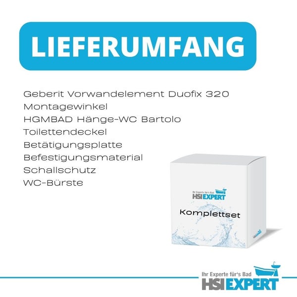 Lieferumfang eines Komplettsets für ein Hänge-WC, einschließlich Vorwandelement, Montagematerial, Schallschutz und WC-Bürste