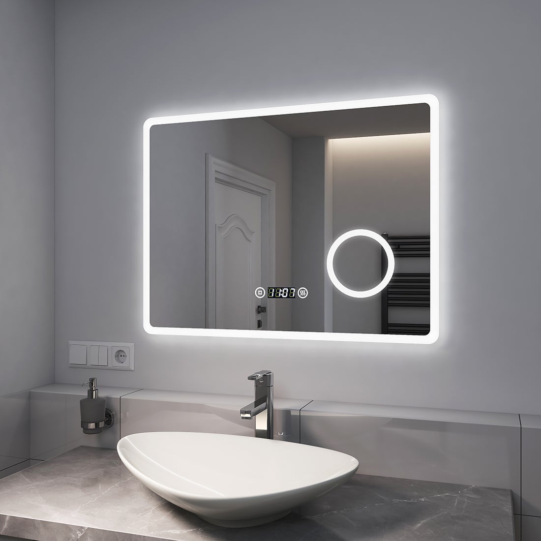 EMKE Badspiegel mit 3-fache Vergrößerung, LED Beleuchtung, 80x60cm, 3 Lichtfarben Dimmbar, Touch, Beschlagfrei, Uhr
