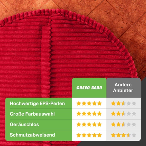 Green Bean Pouf-Kissen 45x25cm mit EPS-Perlen Füllung & Cordstoff Bodenkissen Liegekissen Sitzkissen Sitzhocker Sessel Kinder Erwachsene Stoff Hocker Ablage Rot