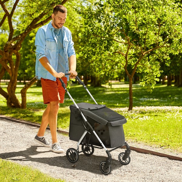 PawHut Hundewagen leicht Hundebuggy aus Aluminium klappbar für Hunde & Katzen bis 10 kg Katzenbuggy mit Kissen Netzfenstern Türen Aufbewahrungskorb Katzenwagen Buggy Grau