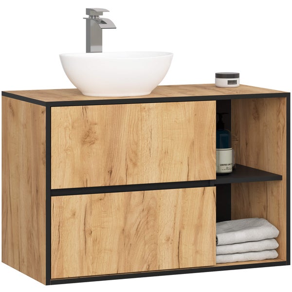 Waschtischunterschrank mit Waschbecken, Armatur, Handtüchern und Pflegeprodukt