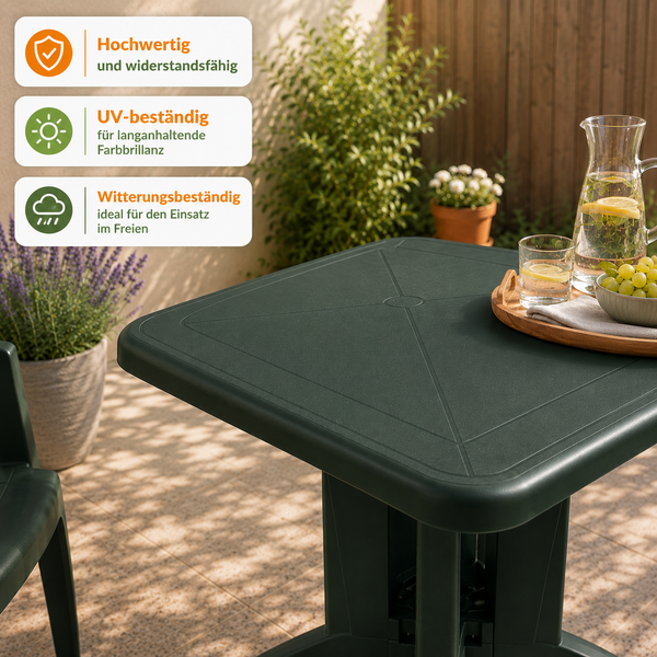 Quadratischer Gartentisch aus dunkelgrünem Kunststoff, hochwertig, UV-beständig und witterungsbeständig für den Außenbereich.