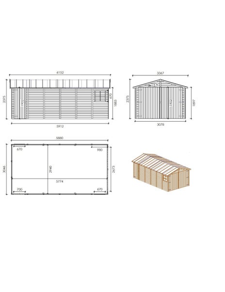 Technische Zeichnung und 3D-Ansicht eines Gartenhauses aus Holz mit detaillierten Maßangaben in Millimetern für Länge, Breite und Höhe.