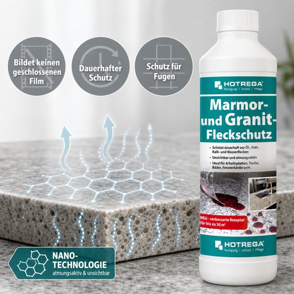Hotrega Marmor und Granit Fleckschutz Flasche zur Imprägnierung von Naturstein Oberflächen mit Nanotechnologie für dauerhaften Schutz
