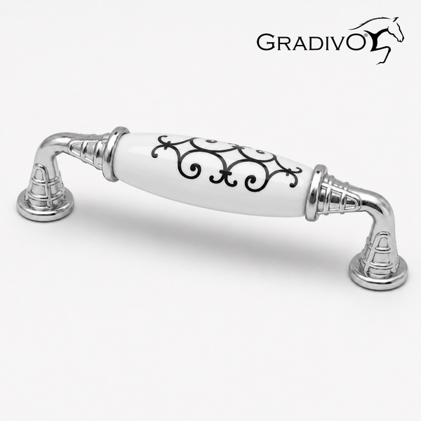 Möbelgriff aus verchromtem Metall und weißer Keramik mit schwarzem Ornamentmuster, Gradivo Logo.