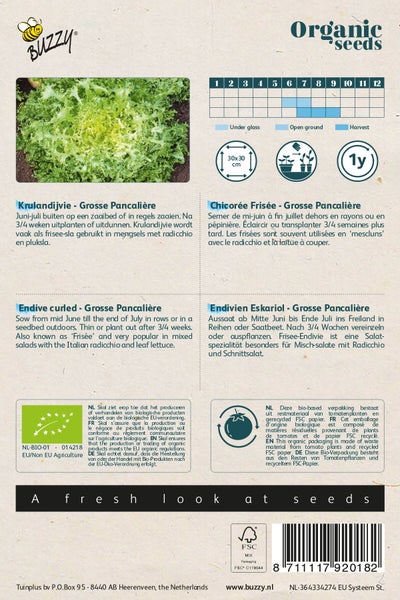 Buzzy Logo, Bio-Saatgut für krause Endivie, Anbauzeitraum, Informationen zu Pflanzabstand und Erntezeitpunkt, EU-Landwirtschaft Siegel, FSC Mix Siegel