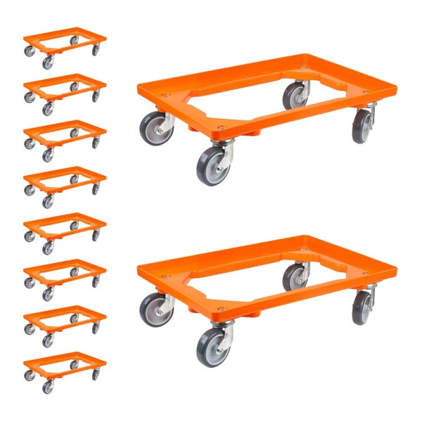 PROREGAL SparSet 10x Transportroller für Euroboxen 60 x 40 cm mit Gummiräder Orange Offenes Deck 4 Lenkrollen Traglast 300 kg