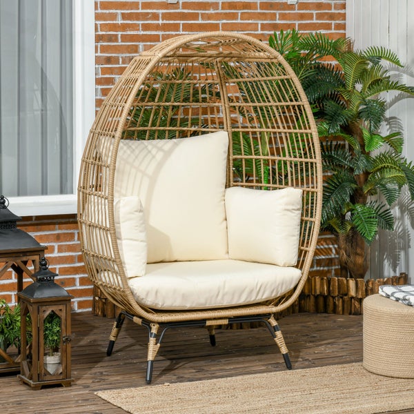 Outsunny Rattansessel in Korbform, Rattanstuhl mit Sitzkissen, 105 x 90 x 148 cm, Metall, Khaki