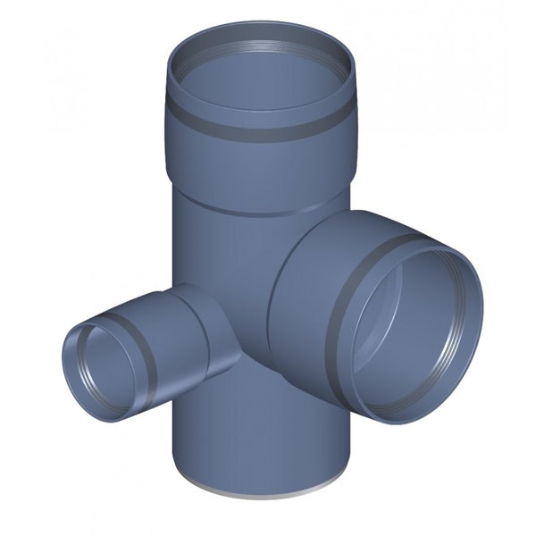 Grauer Doppel-Eckabzweig aus Kunststoff für Abwasserrohre mit verschiedenen Nennweiten.