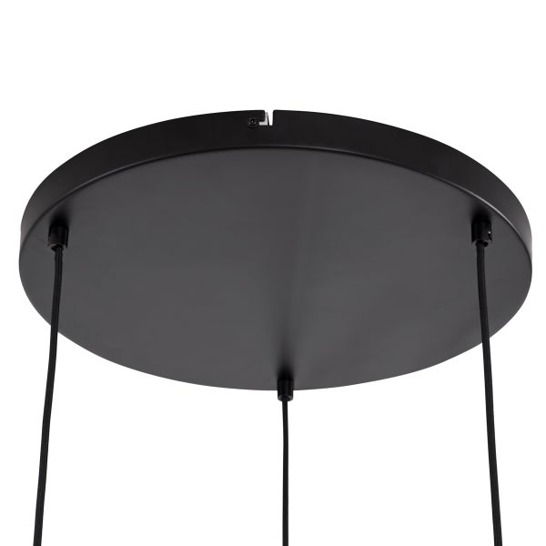 Schwarzer, runder Deckenbaldachin für Pendelleuchten mit drei Zuleitungen.
