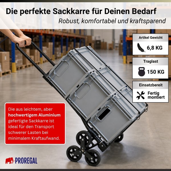 Aluminium-Treppensteiger-Sackkarre, Traglast 150 Kilogramm, Eigengewicht 6,8 Kilogramm, fertig montiert. PROREGAL Logo.
