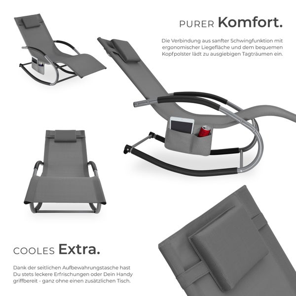Gartenliege tectake Taya abnehmbares Kopfpolster, seitliche Aufbewahrungstasche ergonomisch, mit Komfort-Schwingbewegung grau