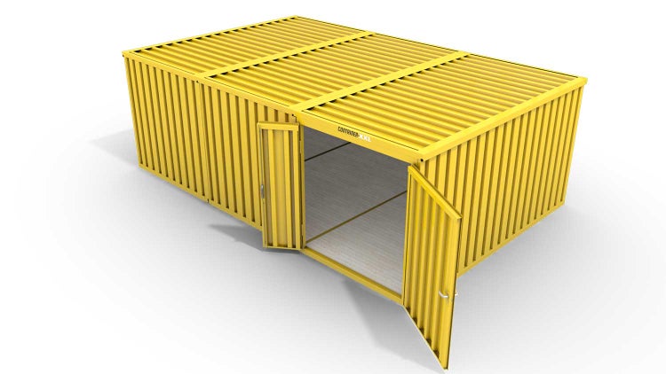 Lagercontainer Gerätehaus XL3  – 32 qm, H2150 x B5080 x T6520 mm, Außenwandlackierung RAL 1003 signalgelb, Dach außen verzinkt, mit Holzfußboden, 1830 mm Doppelflügeltür mittig in Modul D, montiert