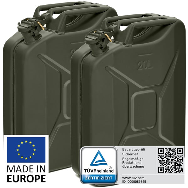 BW® Kraftstoffkanister Metall Benzinkanister 2x 20 Liter - Bronzegrün - RAL 6031-F9 - TÜV-geprüft und UN-Zulassung - Made in Europe