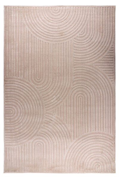 Wohnzimmerteppich mit modernem geometrischem Muster aus geschwungenen Linien und Halbkreisen in strukturierter Weboptik