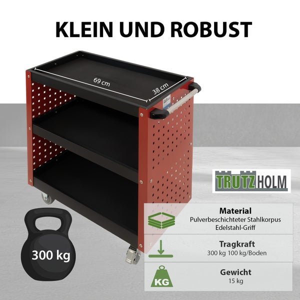 Trutzholm Werkstattwagen mit drei Ablagen, 69 mal 38 Zentimeter, 300 Kilogramm Tragkraft, pulverbeschichteter Stahl, Edelstahlgriff, 15 Kilogramm