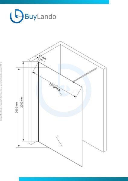 Schematische Zeichnung Duschwand aus Glas: Höhe 2000 Millimeter, Breite 1555 Millimeter, Profiltiefe 47 Millimeter. BuyLando Logo.