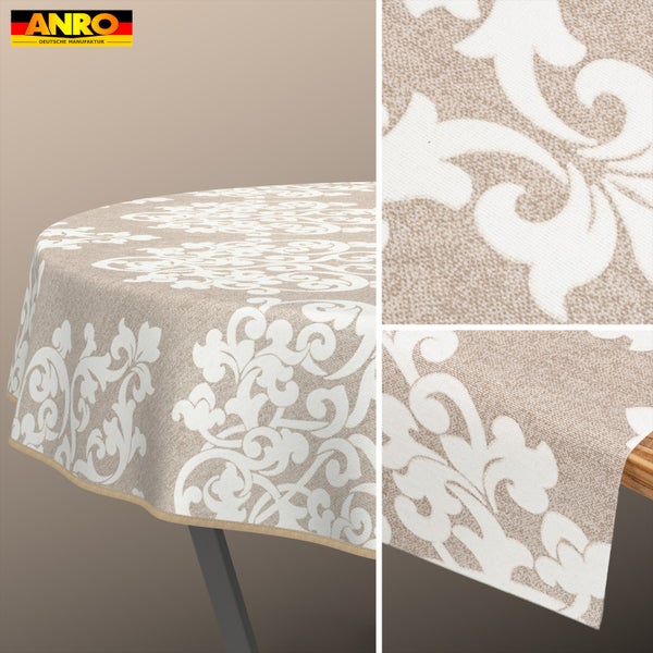 Runde Tischdecke mit Damastmuster und Detailansicht der Gewebestruktur. ANRO Deutsche Manufaktur Logo.
