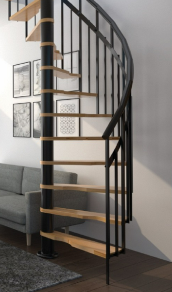 HandyStairs Wendeltreppe „Siena“ Ø 145 cm – Linksdrehend – 273 cm hoch – 12 Buchenstufen – Schwarz