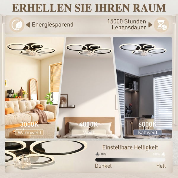 Moderne LED Deckenleuchte mit Ventilator: 3000 Kelvin Warmweiß, 4000 Kelvin Weiß, 6000 Kelvin Kaltweiß, dimmbar, energiesparend.