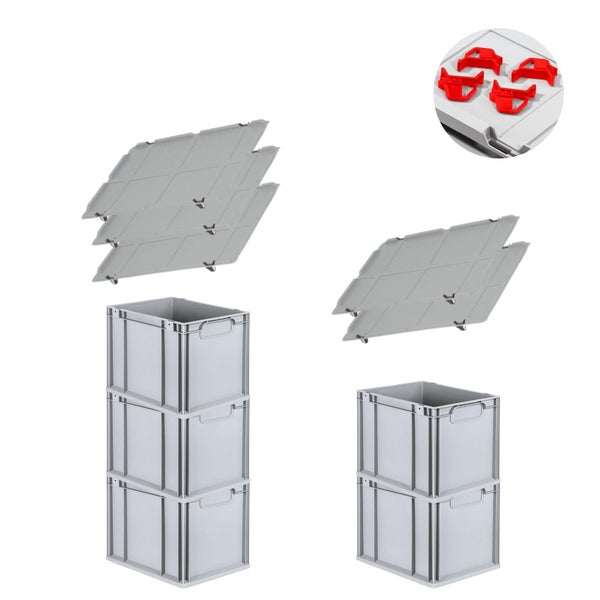 PROREGAL Spar Set 5x Eurobox Nextgen Economy Mit Auflagedeckel & 4x Schiebeschnappverschlüsse Rot Griffe Geschlossen HxBxT 32 x 30 x 40 cm 30 Liter